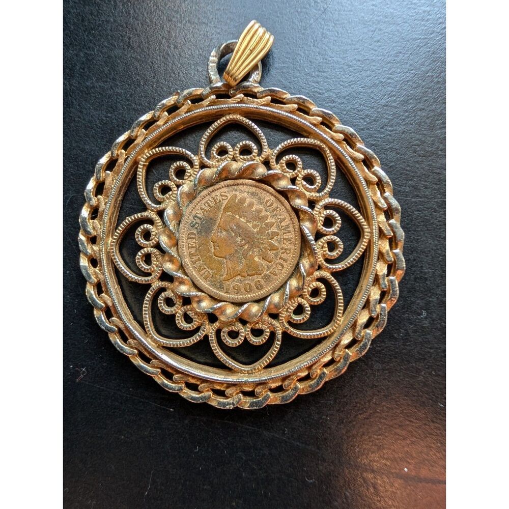 Vintage 14K HGE Heavy Gold Electroplate Indian Head Penny Pendant 1906 Filigree